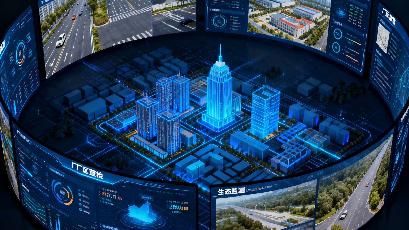 DS视讯全套解决方案全景展示图，画面中央为智慧城市三维可视化大屏，四周环绕着交通监控、社区安防、厂区巡检、生态监测四个子场景的实时画面，整体采用深蓝科技风格